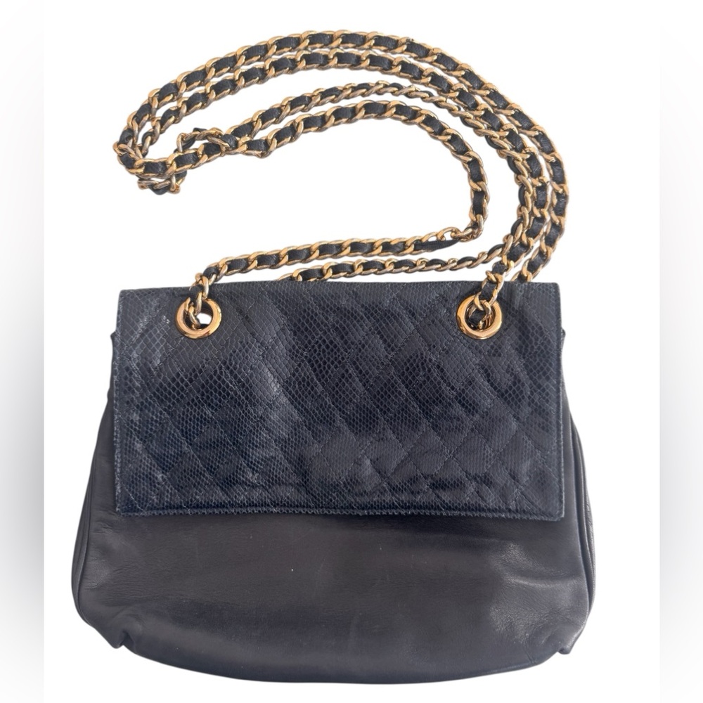 Vintage Navy Blue & Black Leather Shoulder Bag with Gold Chain Strap